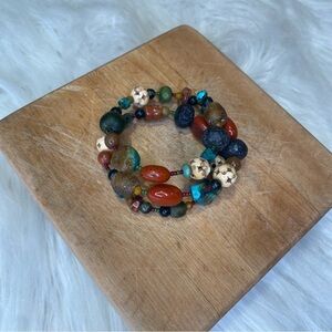 Multiple Stones Triple Coil Beaded Bracelet Bohemian Natural